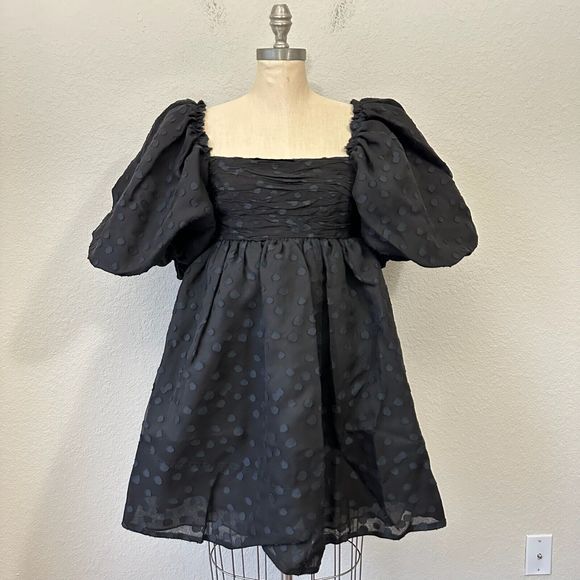AJE La Piscine Mini Dres Blacks Puff Sleeve Bow Back Party Formal Goth NWT - Picture 1 of 16